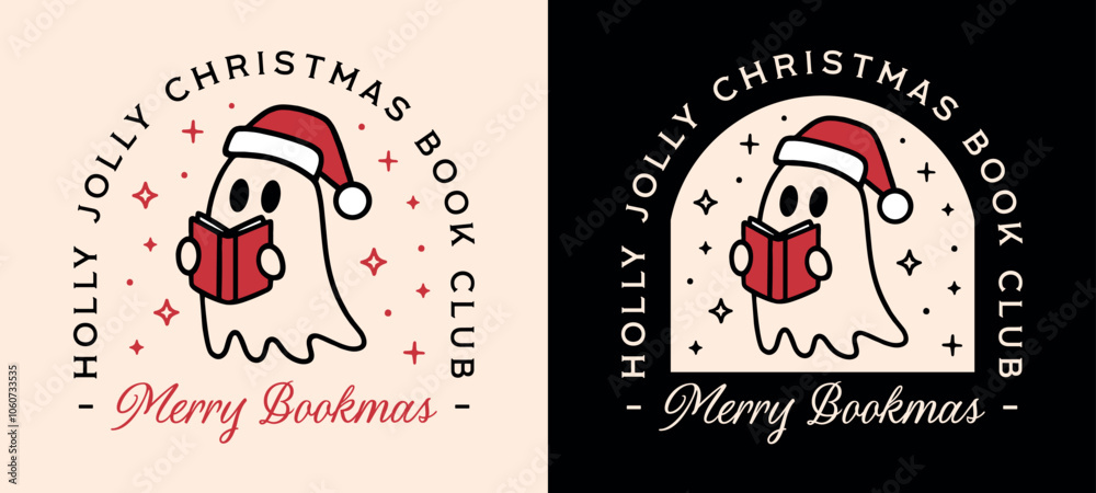 Naklejka premium Christmas book club cute ghost reading books lover holly jolly bookish merry bookmas greeting card shirt design. Retro vintage preppy xmas black and red aesthetic funny quotes printable cut file.