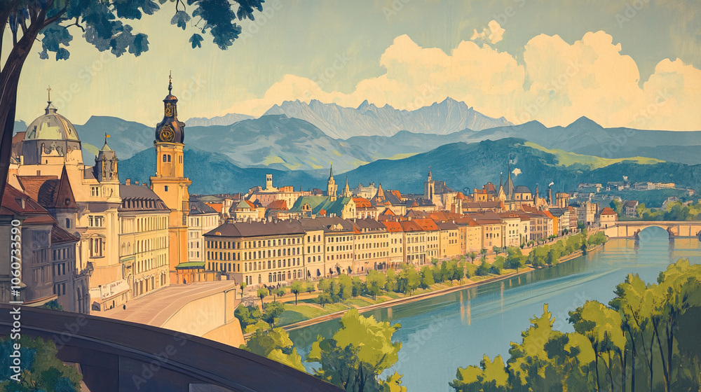 Fototapeta premium Linz, Austria, french vintage Art Nouveau & Art Deco travel poster template. Cityscape and city skyline.Classic La Belle Epoque vichy art. Clear, simple, trendy