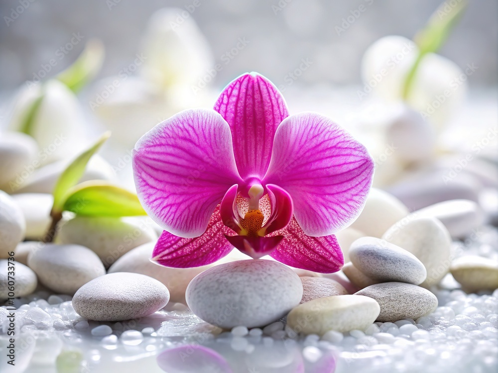 Tranquil spa setting featuring pink orchids and calming spa stones. Tranquil spa setting featuring pink orchids and calming spa stones.