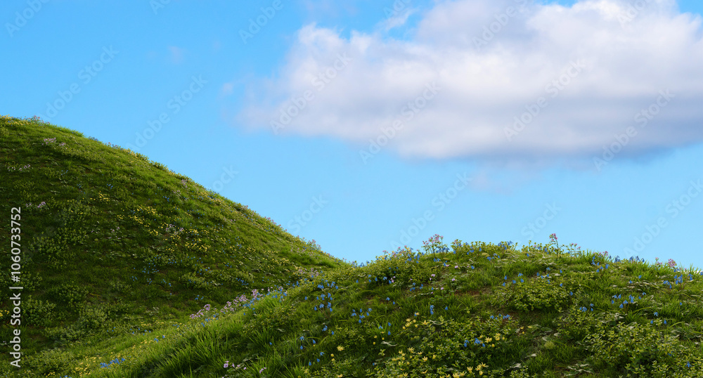 Green Grassy Hills Under Blue Sky. 3D rendering. Green Grassy Hills Under Blue Sky. 3D rendering.