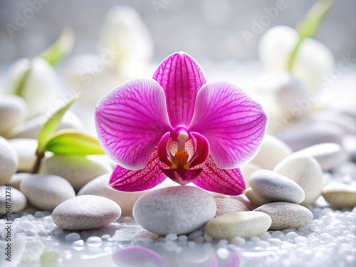 Tranquil spa setting featuring pink orchids and calming spa stones.