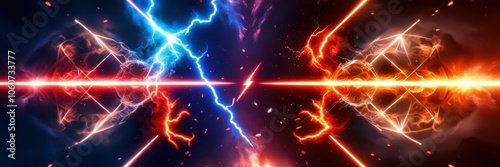 Electrical energy clash, fiery orange vs icy blue lightning, abstract background, intense power struggle, electrifying forces collide, dynamic plasma tendrils, cosmic energy battle, high contrast, vib