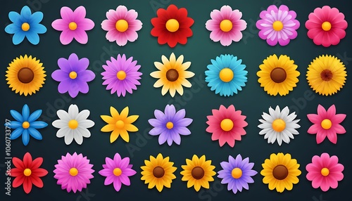 Colorful Flower Icons, Set of Colorful Flower Icons, Colorful Flower Illustrations: Spring Clipart