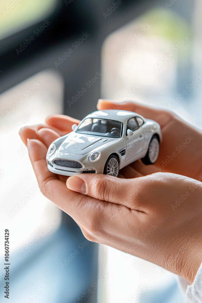 Fototapeta premium protective hands holding miniature car, concept of car insurance