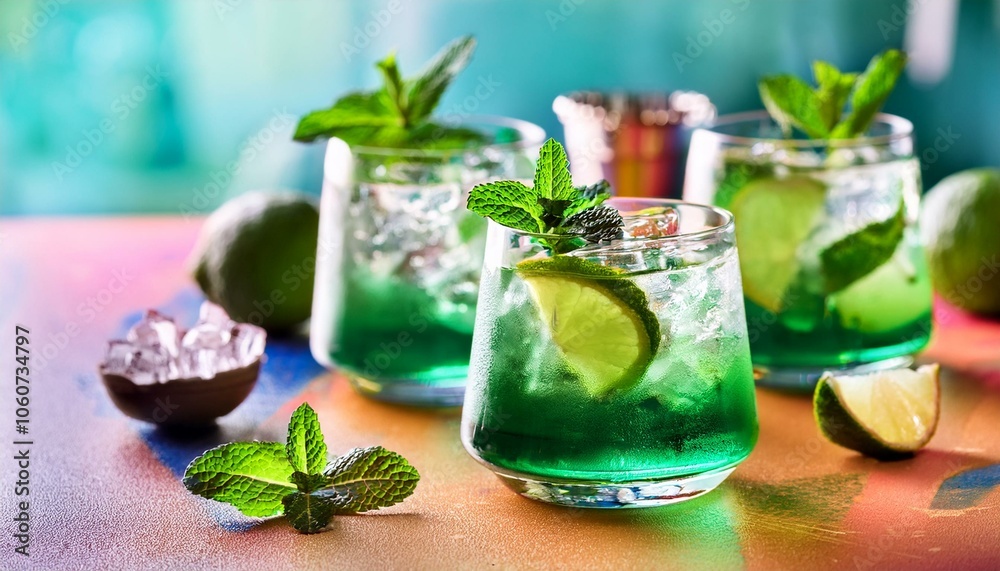 Mint lime drinks on a colorful table