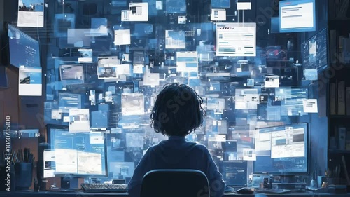 Exploration of Curiosity Childs Immersive Journey Through Digital Technology and Data on Multiple Computer Screens