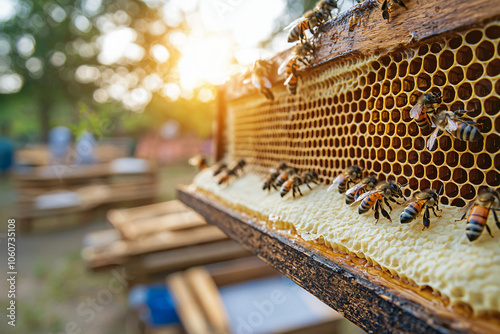 an intricate honeycomb patterns with working bees