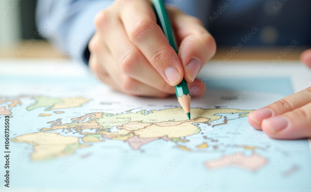 the hand draws a route on the map the hand draws a route on the map