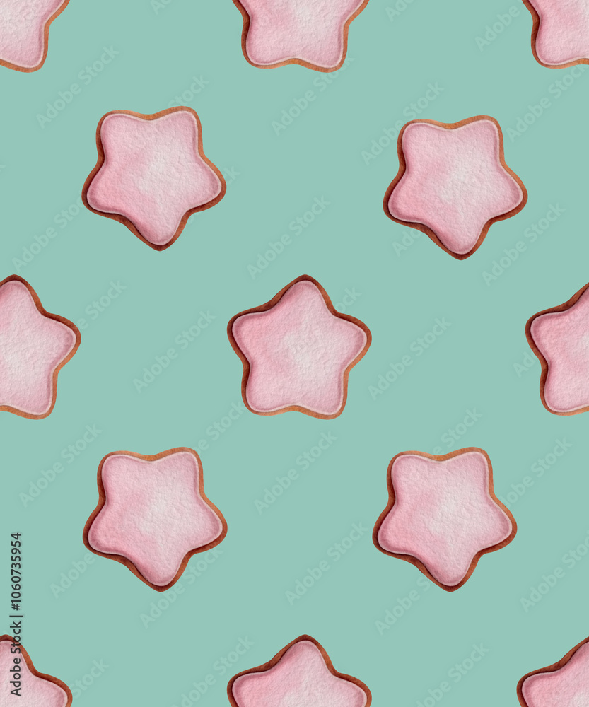 Seamless pattern with watercolor hand drawn cookies. Star-Shaped gingerbread biscuit. Ideal for Holiday decor, fabric patterns Seamless pattern with watercolor hand drawn cookies. Star-Shaped gingerbread biscuit. Ideal for Holiday decor, fabric patterns
