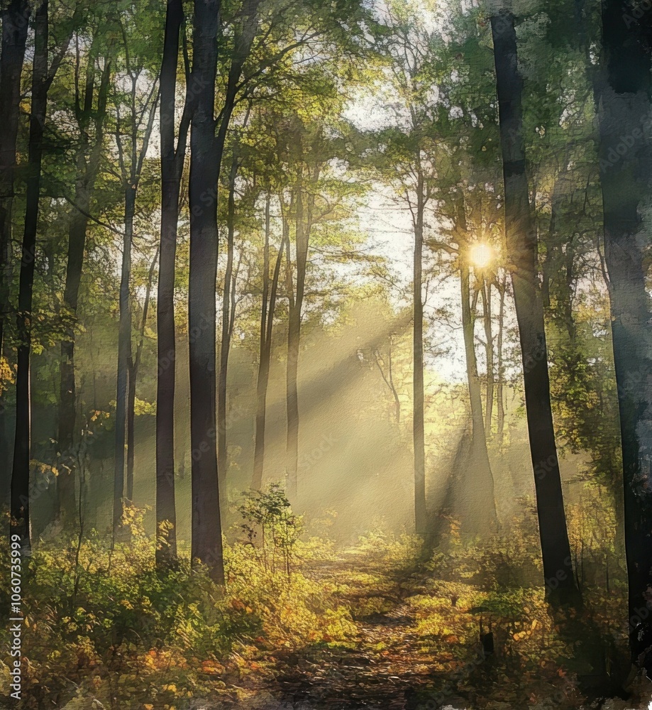 Fototapeta premium Sunlight filtering through trees in a serene forest landscape.