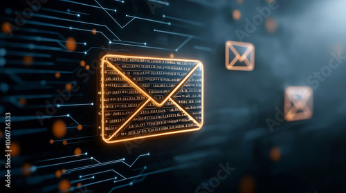 Glowing digital mail icon representing email encryption and communication. image features illuminated envelopes against dark, tech inspired background