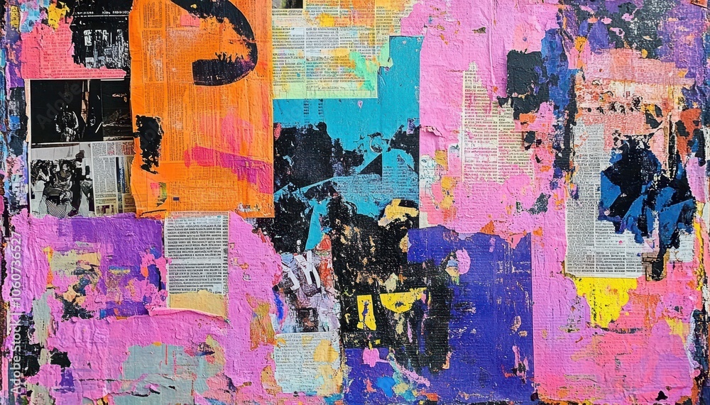 Fototapeta premium Colorful abstract collage of newspaper clippings on a textured grunge backdrop
