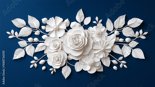 beautiful hand drawn white floral pattern on navy blue background, featuring intricate roses, leaves, and blossoms, creating serene and elegant design