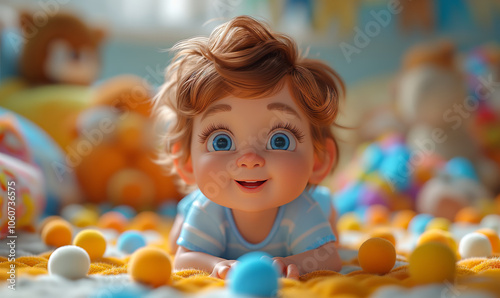 Illustration, a little child lies in bed and looks with big eyes.