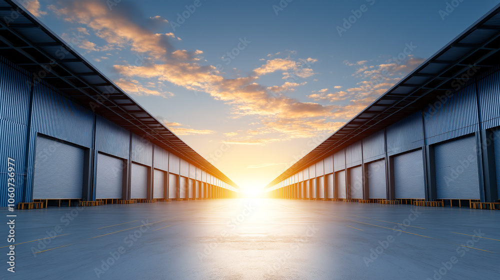Fototapeta premium Modern blue warehouse exterior with industrial design, showcasing large doors and stunning sunset. scene evokes sense of tranquility and spaciousness