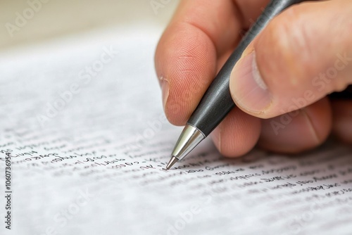 Close-up of a hand writing on a page with a pen