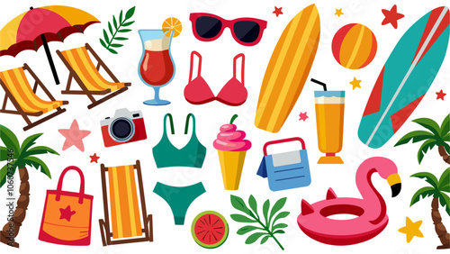 Cartoon summer elements, travel, beach, summertime accessory. Cocktails, ice cream and exotic fruits vector illustration set. Palm and serfing board. Umbrella and sunglasses