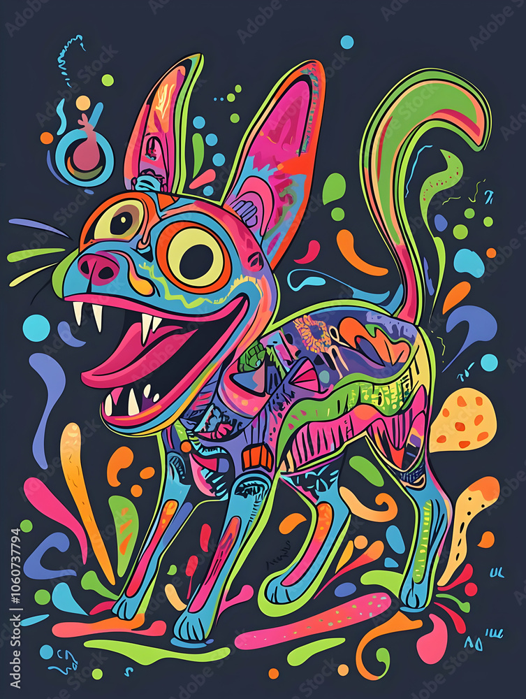 A vibrant, colorful illustration of a playful dog with exaggerated features and patterns. A vibrant, colorful illustration of a playful dog with exaggerated features and patterns.