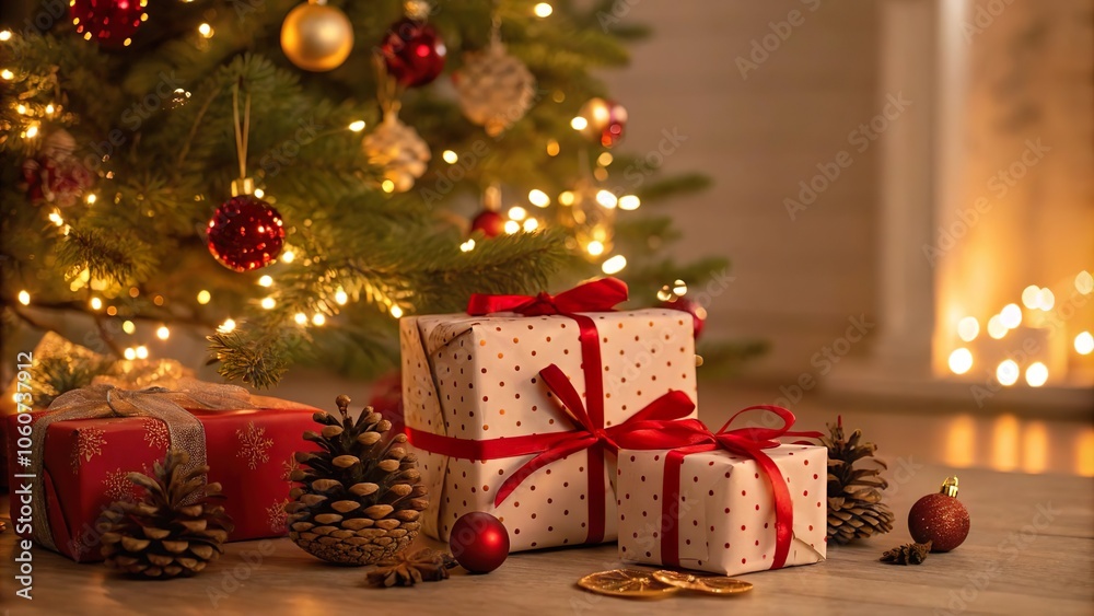 Weihnachtsgeschenke und Dekoration im warmen Licht des Weihnachtsbaums