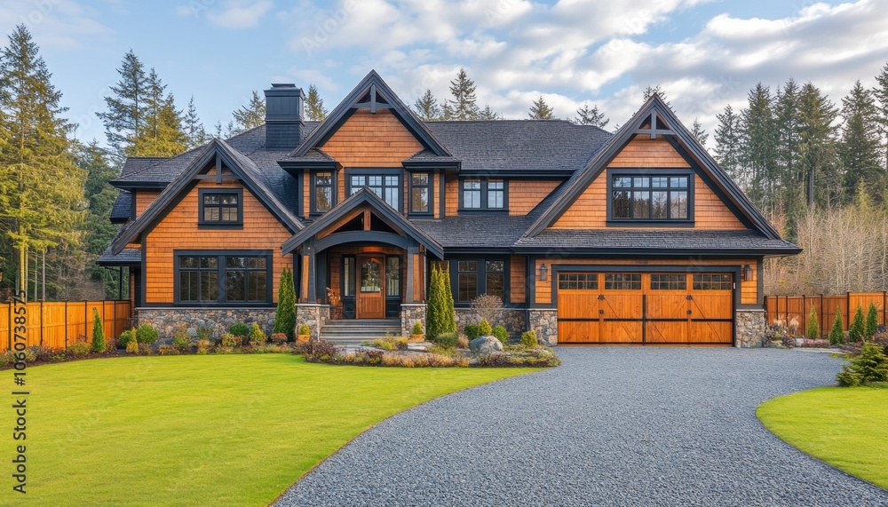 Welcoming home with a stunning wooden fence on a bright sunny day Welcoming home with a stunning wooden fence on a bright sunny day