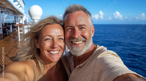 Happy senior couple enjoying cruise on sunny day at sea, smiling together with ocean views in background, capturing joyful moment