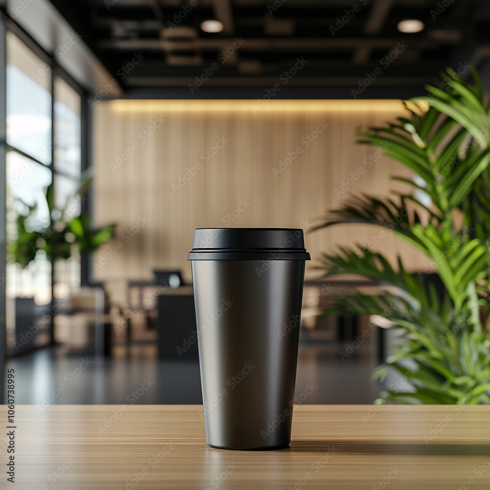 Stylish black coffee cup on a wooden table with a contemporary interior background featuring plants and modern decor.