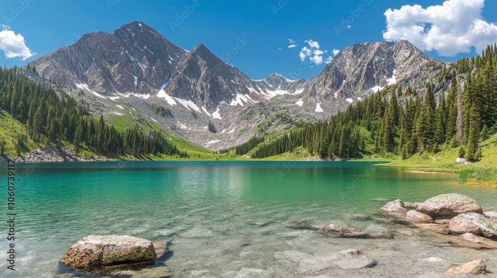 Majestic mountain lake reflection, serene nature landscape with crystal clear waters and rocky shores for tranquil escape Majestic mountain lake reflection, serene nature landscape with crystal clear waters and rocky shores for tranquil escape