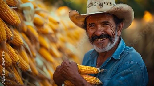 Happy Farmer Holding Corn photo