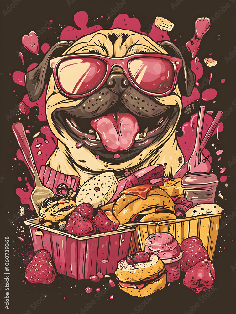 A cheerful pug wearing sunglasses surrounded by various desserts and fruits.
