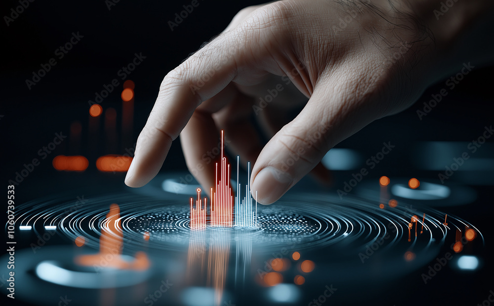 robotic hand interacting with digital graphs and data visualizations, showcasing technology and innovation. scene conveys sense of advanced analytics and futuristic design