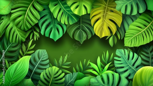 Tropical leaves background, lush green foliage creates a vibrant and exotic natural backdrop for design projects