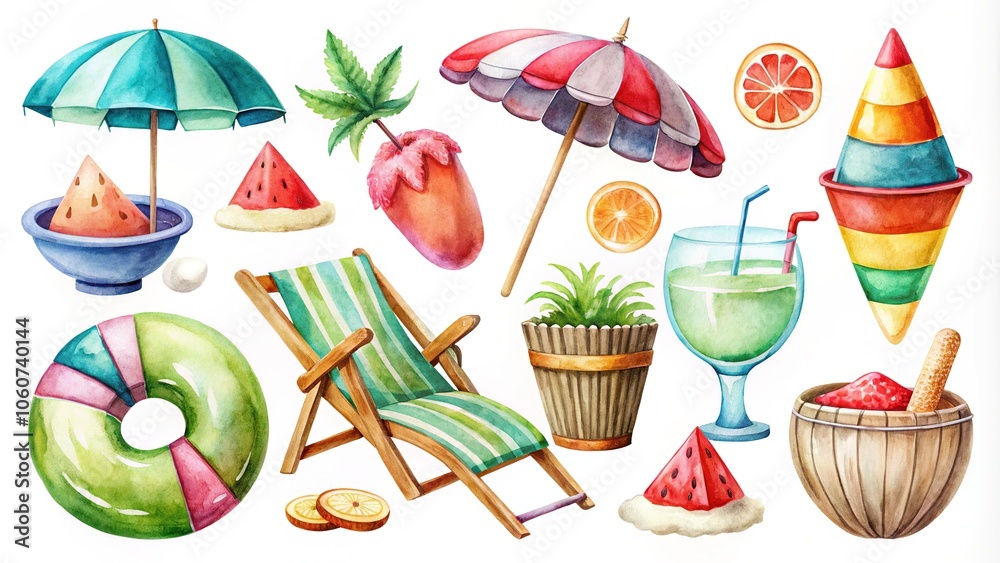 Fototapeta premium Watercolor Summer Travel Illustration - Hand Drawn Elements