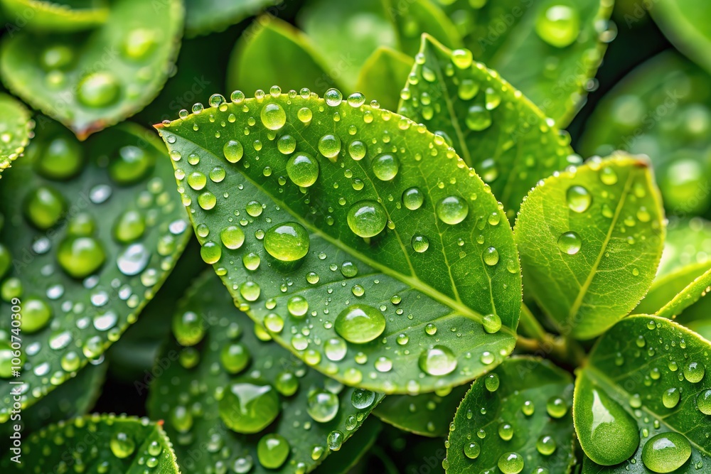 Water droplets adorn vibrant green foliage. Water droplets adorn vibrant green foliage.