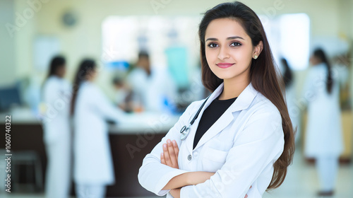 confident young woman in white lab coat stands in medical setting, smiling. She embodies professionalism and warmth, surrounded by healthcare professionals