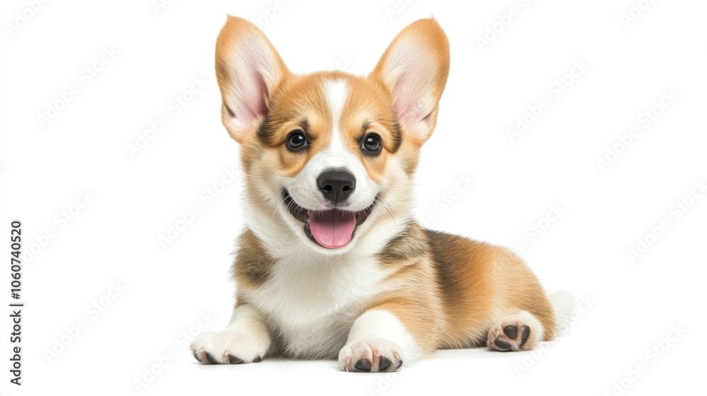 Cute little dog with a big smile on its face. It is laying down on a white background Cute little dog with a big smile on its face. It is laying down on a white background