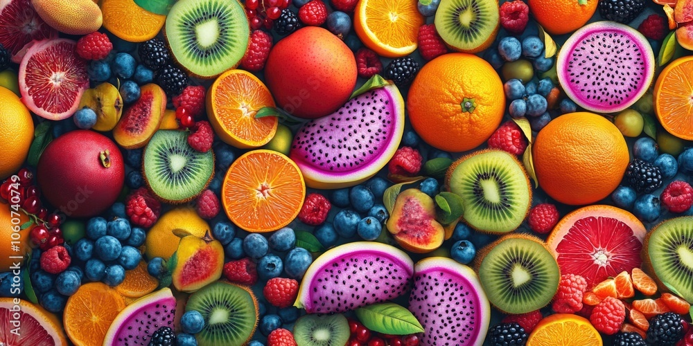 Fresh fruits in a variety of colors and textures, promoting healthy eating.
