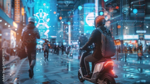 A group of tourists are exploring the city using selfguided escooters equipped with 5G connectivity for navigation and safety features. photo