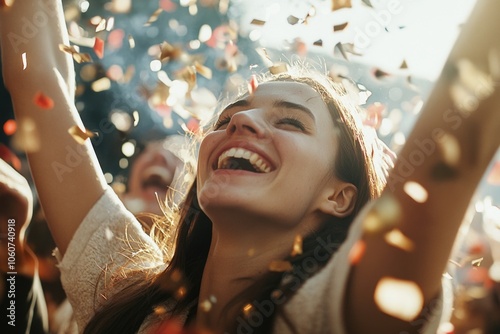 Happy crowd at festive event, confetti falling from sky.