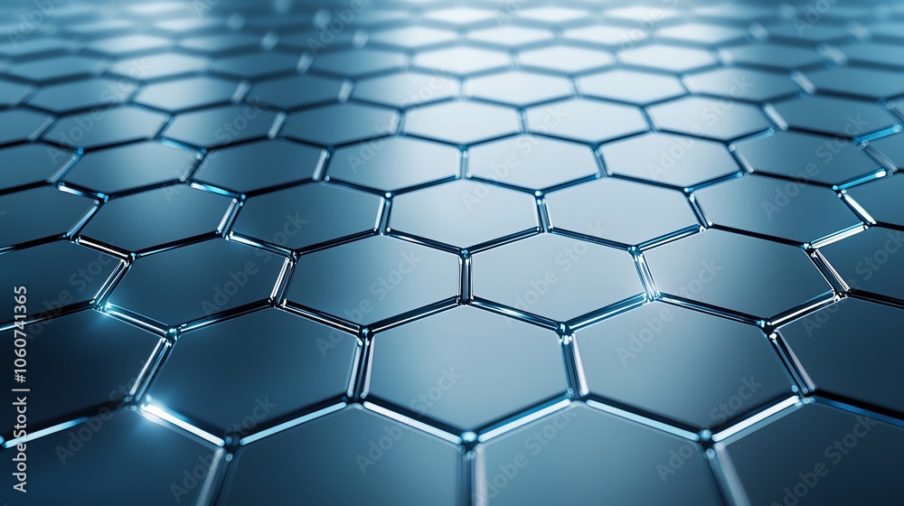 Close-up view of a sleek, metallic hexagonal pattern with a reflective surface, ideal for technology and design themes. Close-up view of a sleek, metallic hexagonal pattern with a reflective surface, ideal for technology and design themes.