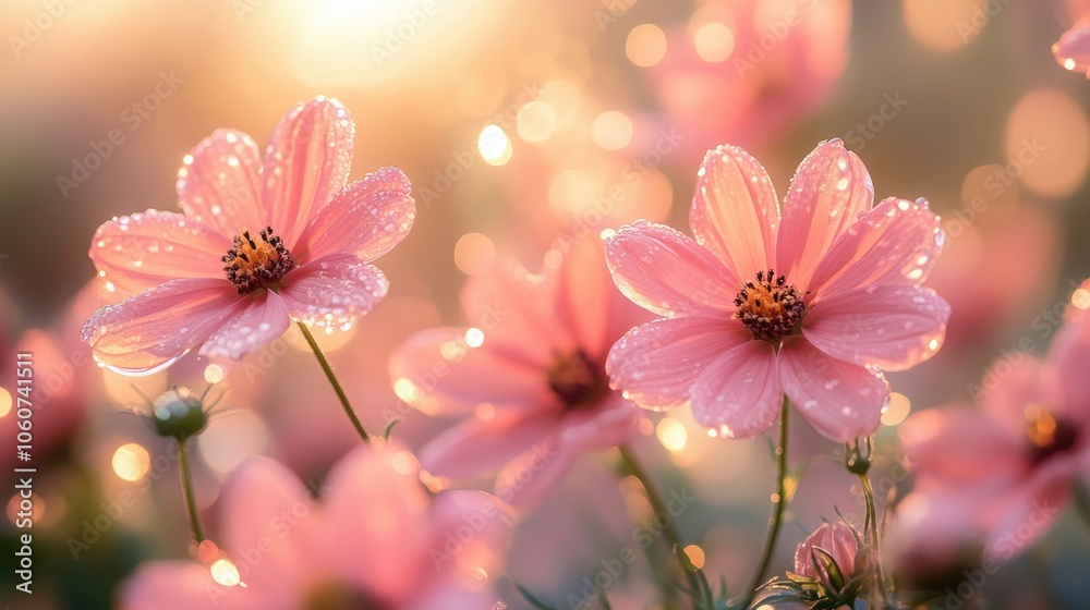 Dreamy Close-Up of Pink Flowers Bathed in Morning Sunlight with Dew Drops, Capturing Tranquility and Natural Beauty for Spring or Summer-Themed Projects Dreamy Close-Up of Pink Flowers Bathed in Morning Sunlight with Dew Drops, Capturing Tranquility and Natural Beauty for Spring or Summer-Themed Projects