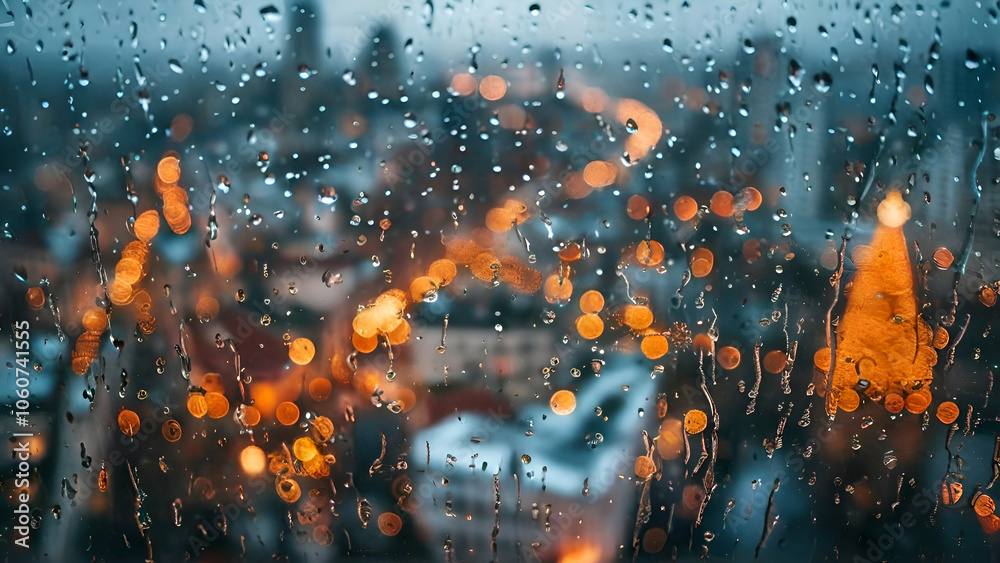 City view through a window on a rainy night at Christmas, Rain drops on window with light bokeh, City life in night in rainy season abstract background. City view through a window on a rainy night at Christmas, Rain drops on window with light bokeh, City life in night in rainy season abstract background.