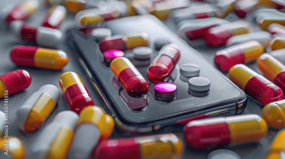 Phone is covered in pills, with some of them being red and yellow. The pills are scattered all over the phone, with some of them being close to the camera and others further away Phone is covered in pills, with some of them being red and yellow. The pills are scattered all over the phone, with some of them being close to the camera and others further away