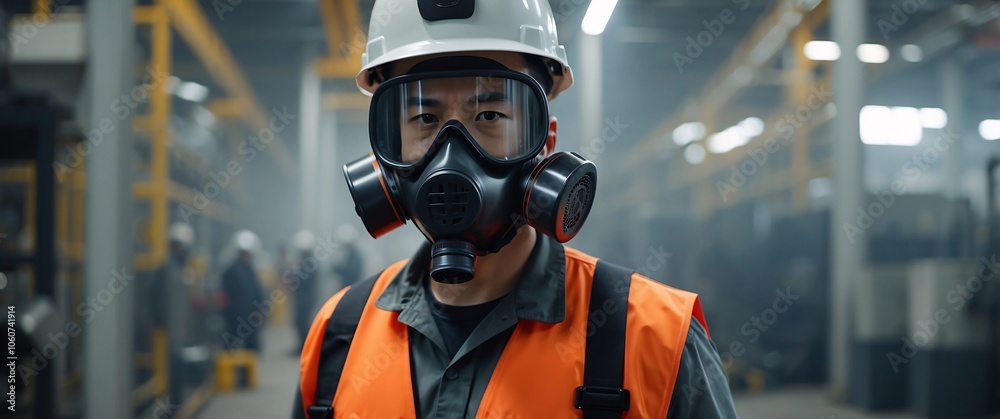 professional a gas mask engineer factory in protective uniform operating machine, Engineering worker in safety hardhat at warehouse industrial facilities, Heavy Industry Manufacturing 
