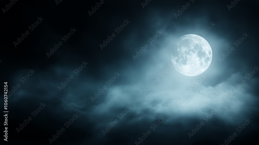 Fototapeta premium A captivating full moon shines through dark clouds, creating a mysterious and atmospheric night sky scene.