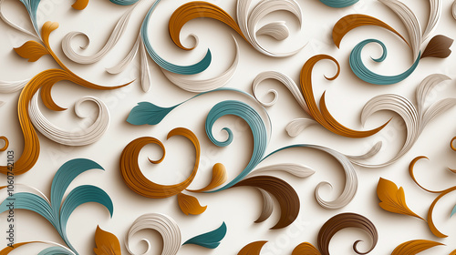 Elegant vintage pattern featuring swirling floral designs in beige, brown, teal, and cream tones, creating harmonious and artistic look