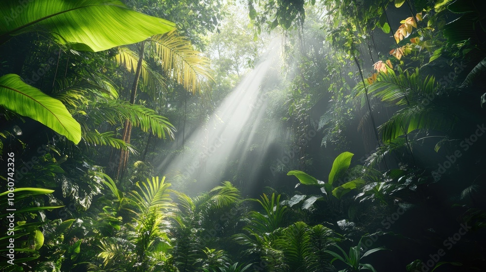 Sunlight beams through dense rainforest. This photo is great for designs that evoke a sense of mystery and wonder. Sunlight beams through dense rainforest. This photo is great for designs that evoke a sense of mystery and wonder.
