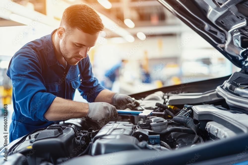 Auto mechanic working on car engine in mechanics garage Auto mechanic working on car engine in mechanics garage