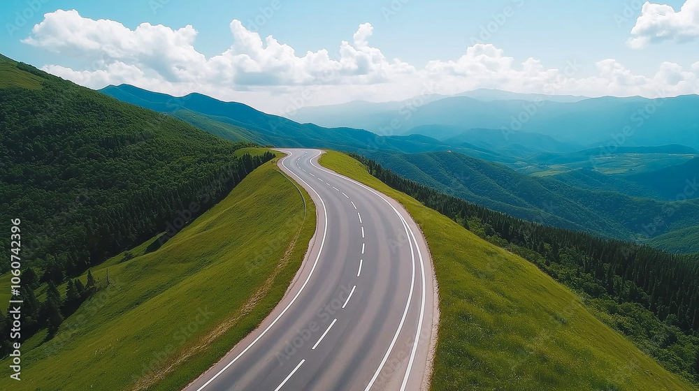 winding highway through lush green mountains under bright sky, showcasing nature beauty and tranquility winding highway through lush green mountains under bright sky, showcasing nature beauty and tranquility