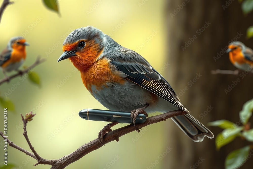 Fototapeta premium Robin with a Phone on a Branch