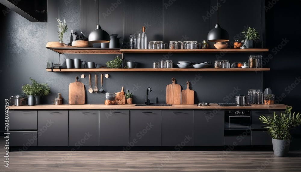 Dark modern kitchen interior with kitchenware, cooking space with shelves